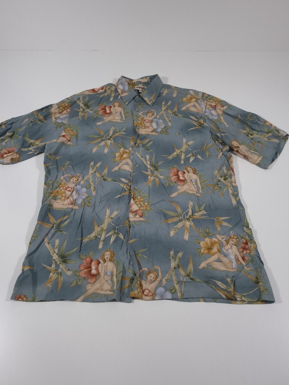 VTG Campia Moda Shirt Mens L Blue Pin-Up Hawaiian Rayon Short Sleeve Button Up